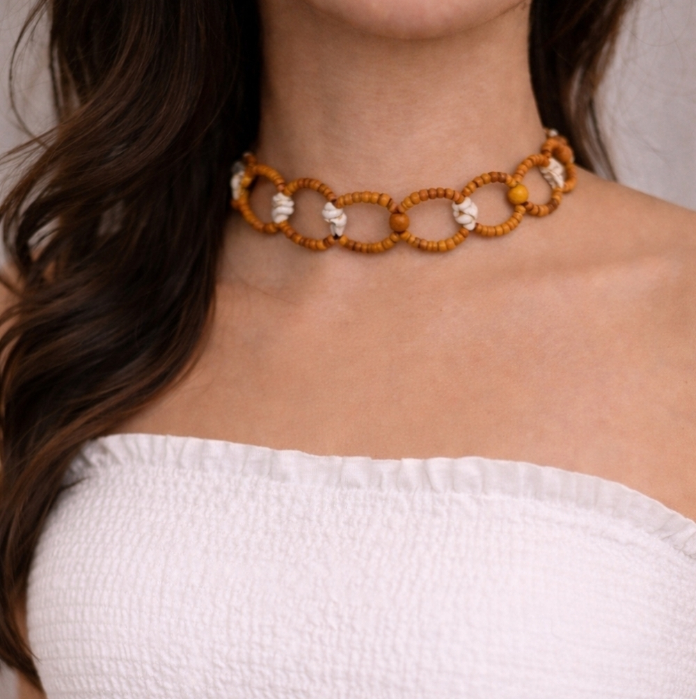 Vintage Wood Sea Shell Beaded Braided Link Coastal Cowgirl Choker Necklace